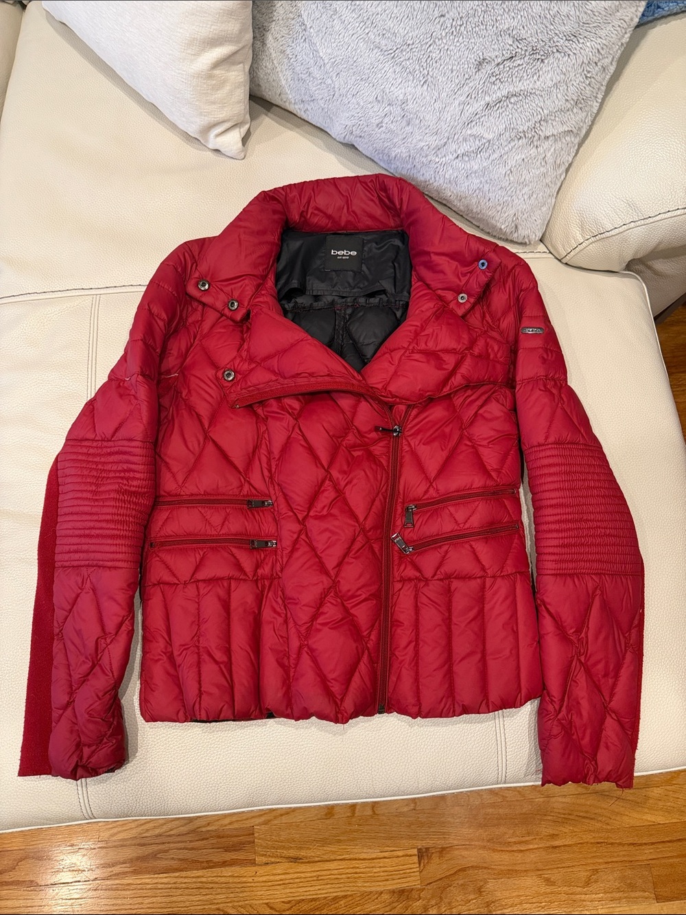 Bebe Deep Red Quilted Asymmetrical Packable Puffer Jacket